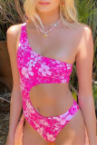 Rose Red Fashion Sexy Print Hollowed Out Swimwears