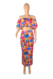 Colour Sexy Print Patchwork Off the Shoulder Short Sleeve Two Pieces