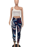 Coffee Casual Print Tassel Patchwork Oblique Collar Sleeveless Two Pieces