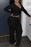 Grey Fashion Casual Solid Basic V Neck Long Sleeve Two Pieces