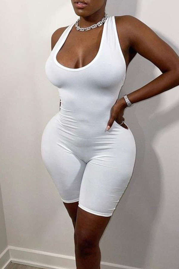 White Casual Solid Patchwork U Neck Skinny Rompers