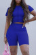 Blue Fashion Casual Solid Basic O Neck Short Sleeve Two Pieces