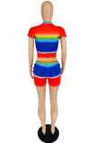 Rainbow Color Casual Striped Patchwork O Neck Short Sleeve Two Pieces