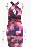 Red Sexy Print Hollowed Out Halter Pencil Skirt Dresses