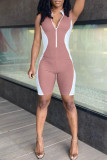 Pink Sexy Casual Patchwork Basic Zipper Collar Skinny Romper