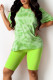 Fluorescent Green Fashion Casual Print Basic O Neck Short Sleeve Two Pieces