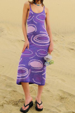 Purple Sexy Print Split Joint Spaghetti Strap Pencil Skirt Dresses