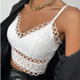 White Sexy Solid Hollowed Out Spaghetti Strap Tops