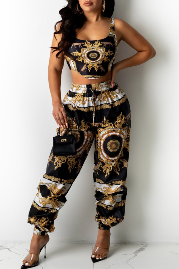 Multicolor Fashion Sexy Print Vests Pants U Neck Sleeveless Two Pieces