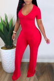 Red Casual Solid Split Joint V Neck Skinny Jumpsuits