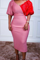 Pink Casual Solid Split Joint V Neck Pencil Skirt Dresses
