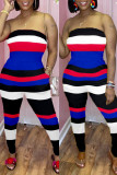 Red Fashion Sexy Striped Print Backless Strapless Regular Jumpsuits