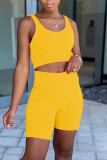 Yellow Casual Solid Split Joint U Neck Sleeveless Two Pieces