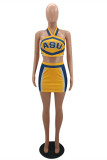 Yellow Sexy Sportswear Letter Print Backless Halter Sleeveless Two Pieces