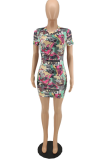 Colour Sexy Print Patchwork O Neck Pencil Skirt Dresses