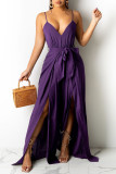 Purple Fashion Sexy Solid Backless Slit Spaghetti Strap Regular Jumpsuits