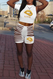White Fashion Casual Lips Printed Ripped O Neck Sleeveless Two Pieces