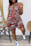 Red Fashion Casual Print Basic V Neck Regular Sleeveless Romper