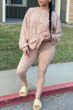 Khaki Casual Patchwork Tie-dye O Neck Long Sleeve Two Pieces