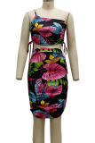 White Sexy Print Patchwork One Shoulder Sleeveless Two Pieces