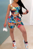 Multicolor Sexy Print Patchwork U Neck Sleeveless Two Pieces