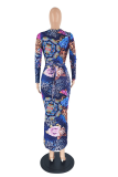 Deep Blue Sexy Print Hollowed Out V Neck Irregular Dress Dresses