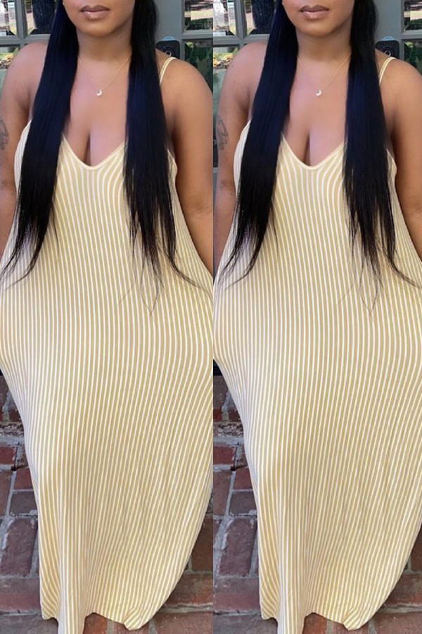 Beige Fashion Sexy Striped Print Backless Spaghetti Strap Sleeveless Dress