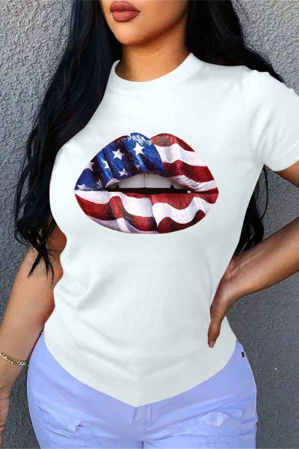 Red Fashion Casual Lips Printed Basic O Neck T-Shirts
