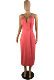 Watermelon Red Sexy Casual Solid Backless Slit V Neck Sling Dress