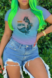 Grey Casual Patchwork Tie-dye O Neck T-Shirts
