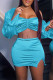 Baby Blue Fashion Sexy Solid Backless Off the Shoulder Long Sleeve Two Pieces