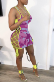 Pink Sexy Camouflage Print Patchwork Spaghetti Strap Pencil Skirt Dresses