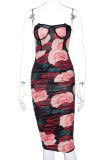 Red Green Elegant Print Make Old Fold Square Collar Pencil Skirt Dresses