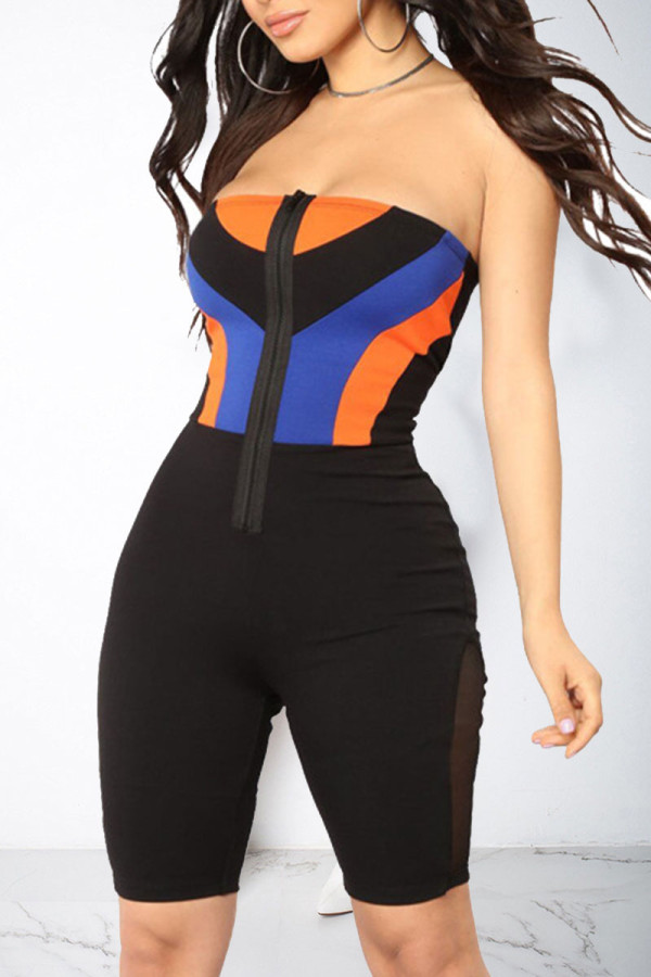 Black Street Geometric Print Patchwork Strapless Skinny Rompers