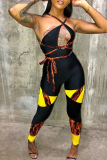 Black Sexy Print Hollowed Out Halter Skinny Jumpsuits