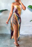 Multicolor Fashion Sexy Print Tie Dye Backless Slit One Shoulder Sleeveless Dress