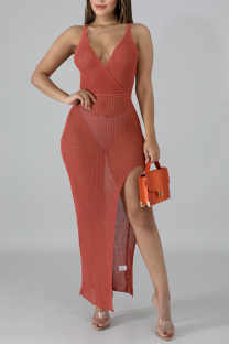 Red Sexy Solid Split Joint Spaghetti Strap Irregular Dress Dresses