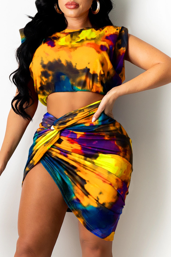 Yellow Sexy Patchwork Tie-dye O Neck Sleeveless Two Pieces