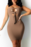 Khaki Sexy Solid Hollowed Out Strapless Pencil Skirt Dresses