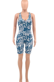 Blue Sexy Print Patchwork Halter Skinny Rompers