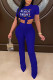 Blue Fashion Casual Letter Solid Bandage Fold O Neck Short Sleeve Two Pieces