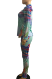 Blue Casual Print Patchwork Turndown Collar Long Sleeve Two Pieces