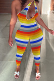 Colour Fashion Sexy Striped Print Hollowed Out One Shoulder Skinny Jumpsuits