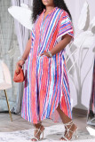 Colour Fashion Casual Striped Print Basic V Neck Short Sleeve Dress