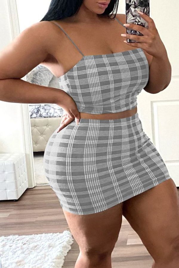 Grey Sexy Plaid Patchwork Spaghetti Strap Sleeveless Two Pieces