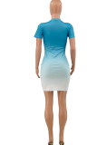 Pink Casual Gradual Change Patchwork O Neck Pencil Skirt Dresses