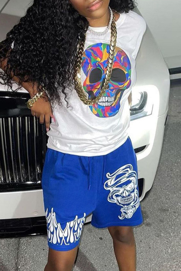 Blue Fashion Casual Print Basic O Neck Short Sleeve Two Pieces