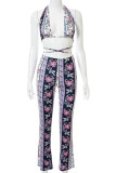 Fuchsia Sexy Print Patchwork Frenulum Backless Halter Sleeveless Two Pieces