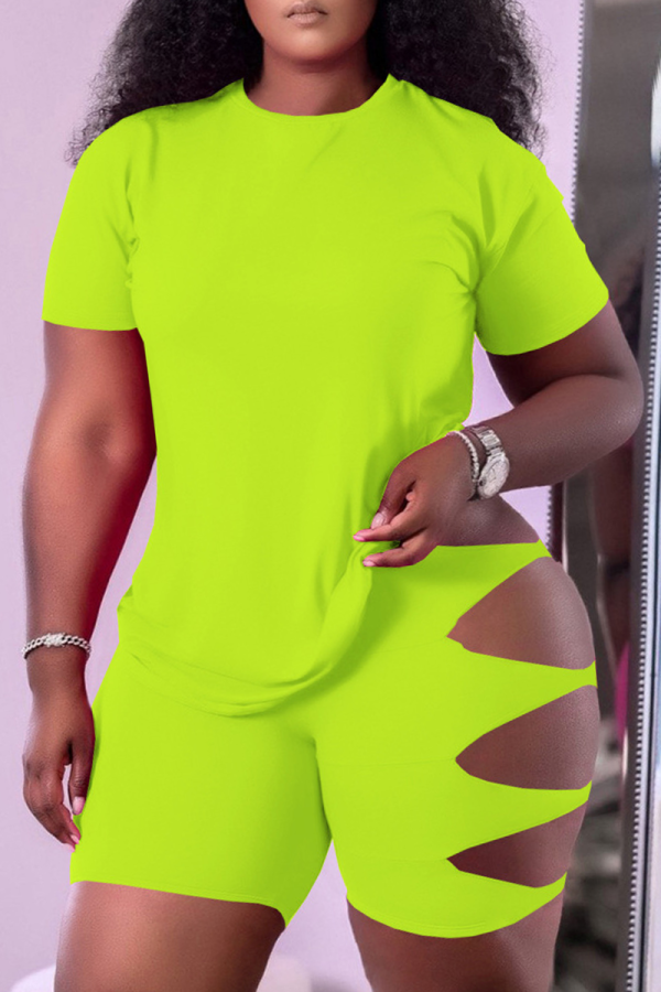 Fluorescent Green Casual Solid Hollowed Out O Neck Short Sleeve Two Pieces