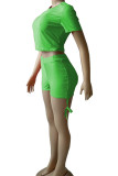 Fluorescent Green Casual Solid Split Joint Draw String O Neck Short Sleeve Two Pieces